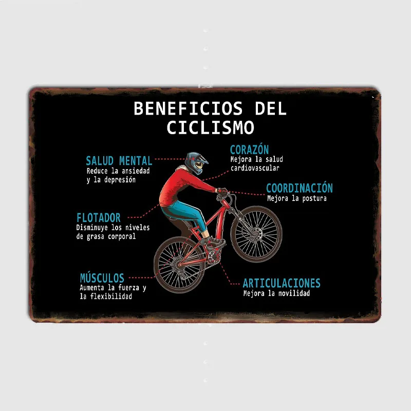 Mountain Biking Benefits - โปสเตอร์ประโยชน์จากการปั่นจักรยาน ป้ายโลหะสำหรับปั่นจักรยานเสือภูเขา ป้ายตกแต่งบาร์ ป้ายติดผนังภายในห้อง ตกแต่งบ้านสไตล์วินเทจ